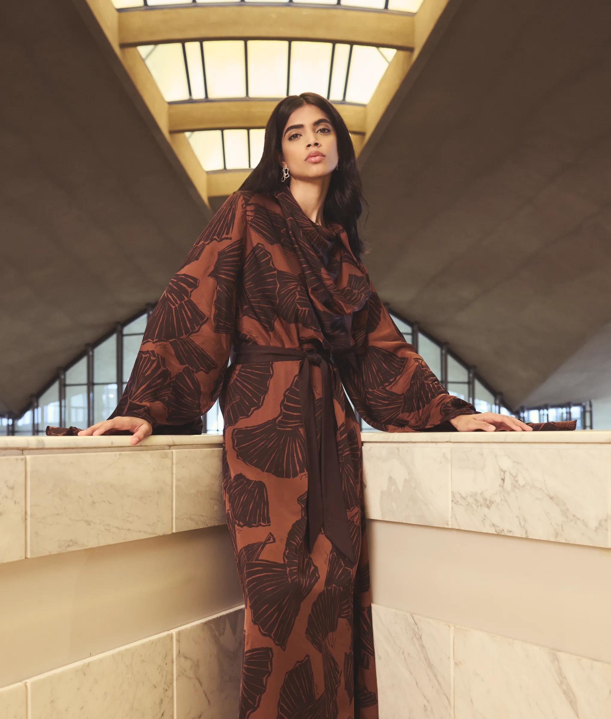 Karl Lagerfeld Fan Print Kaftan Dress Graphic Fan Friar Brown