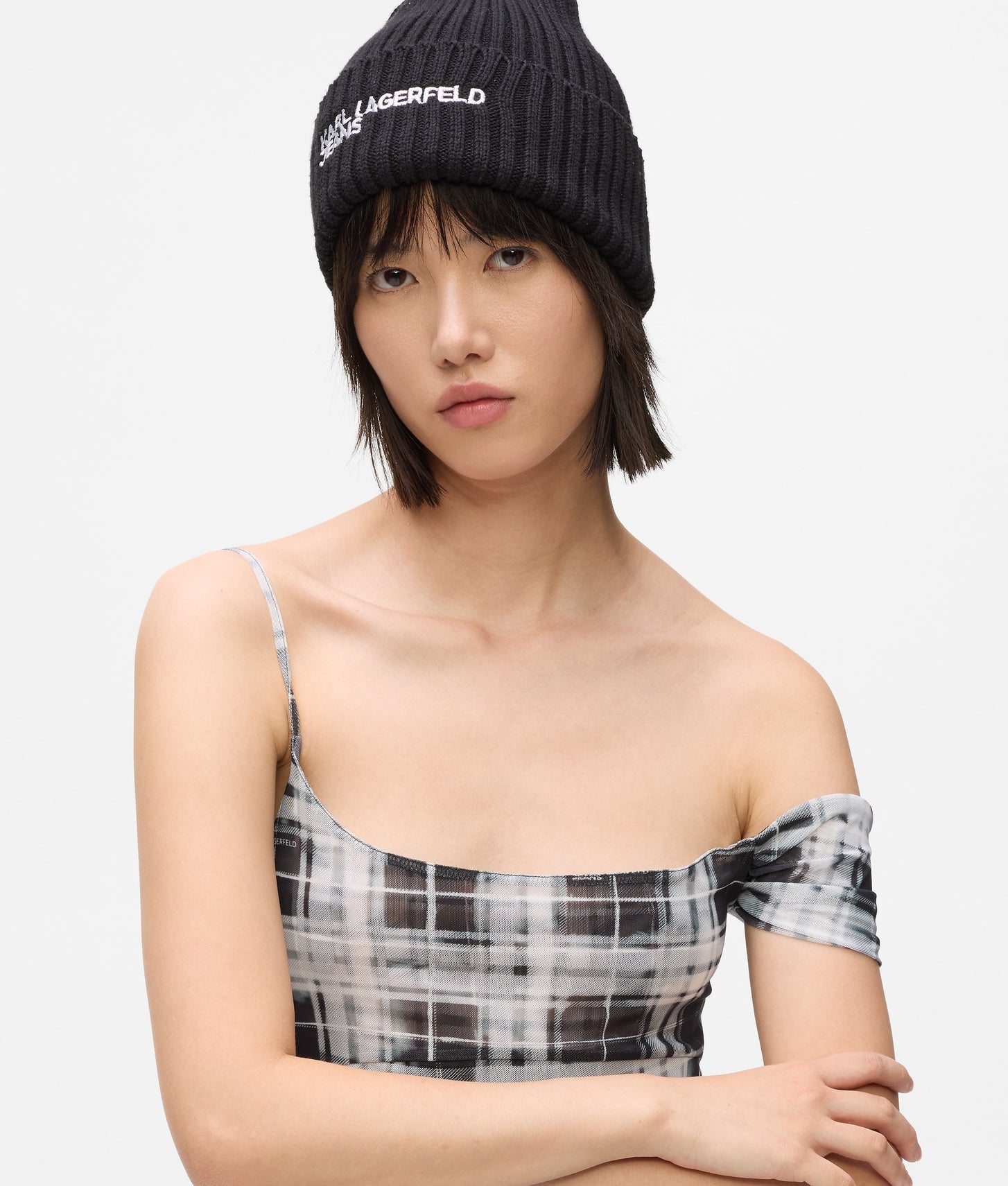 Karl Lagerfeld Checked Mesh Maxi Dress Bleached Check Black All Over Print