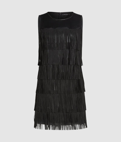 Karl Lagerfeld Faux Leather Fringe Dress Black