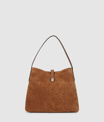 KarlLagerfeld Kautograph Padlock Suede Hobo Bag Dark Tan
