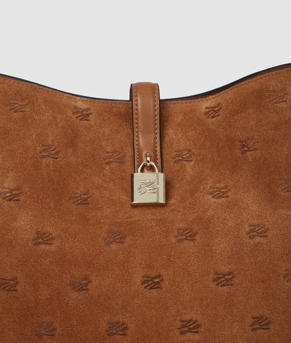KarlLagerfeld Kautograph Padlock Suede Hobo Bag Dark Tan