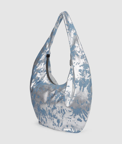 KarlLagerfeld Large High-Shine Denim Hobo Bag Silver Coated Denim