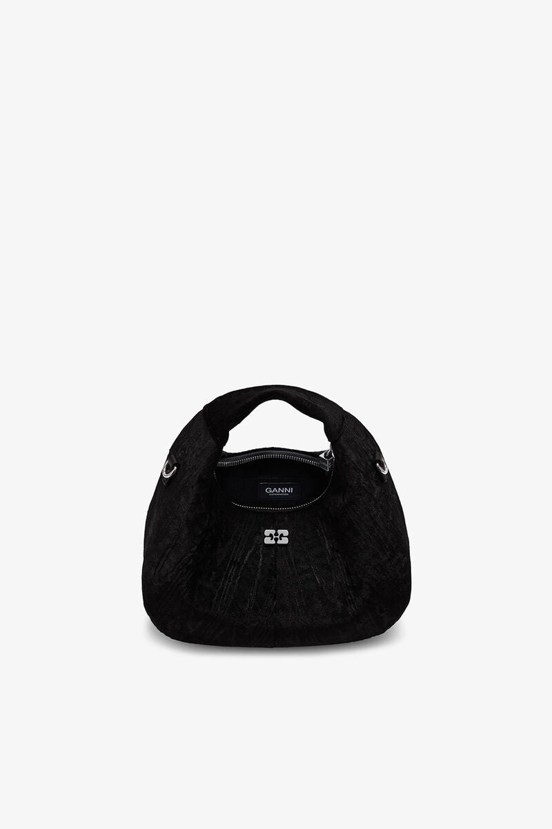 Ganni Black Velvet Moire Mini Hobo Bag