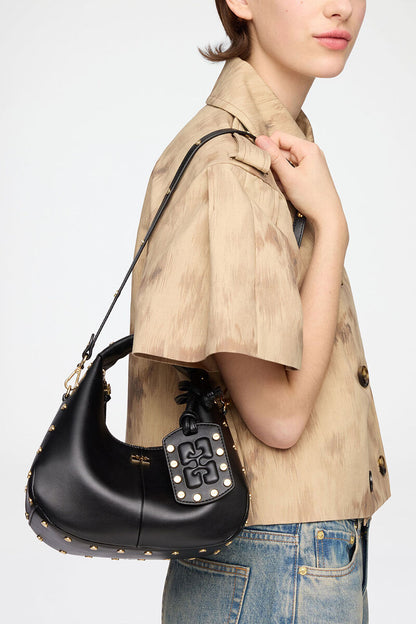 Ganni Black Mini Hobo Bag Studs In Black