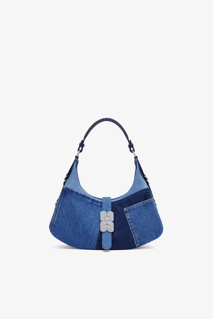 Ganni Mid Blue Vintage Small Kat Bag In Blue Denim