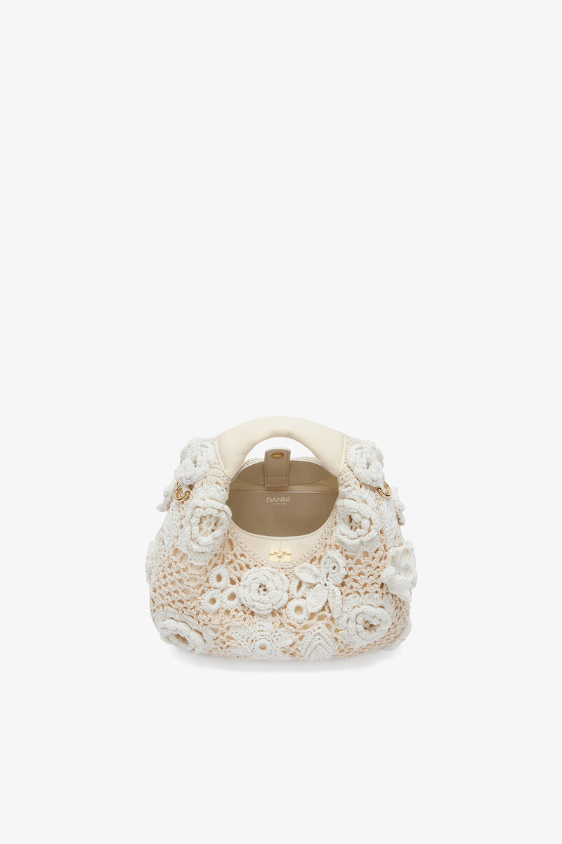 Ganni Egret Mini Hobo Bag In White Crochet