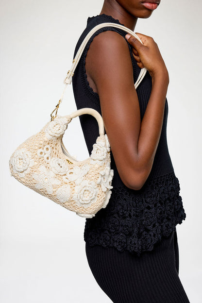 Ganni Egret Mini Hobo Bag In White Crochet