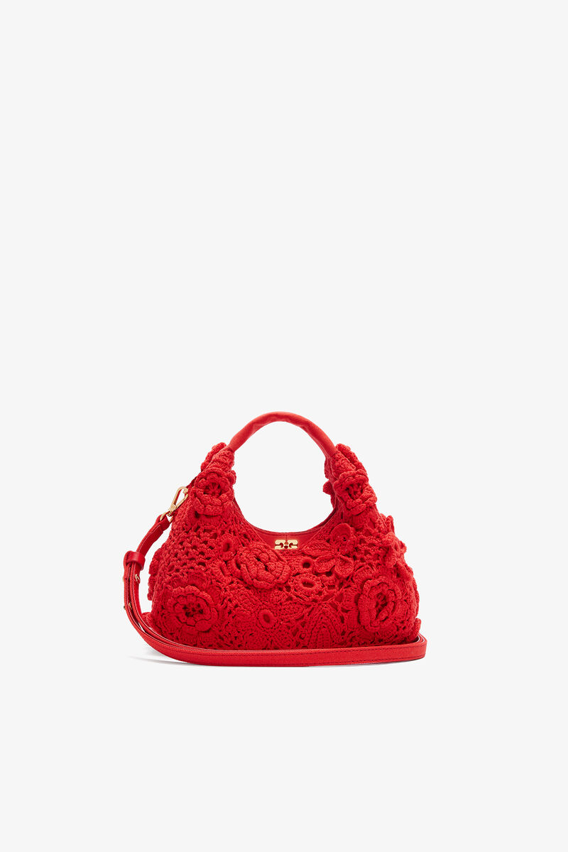 Ganni Goji Berry Mini Hobo Bag In Red Crochet