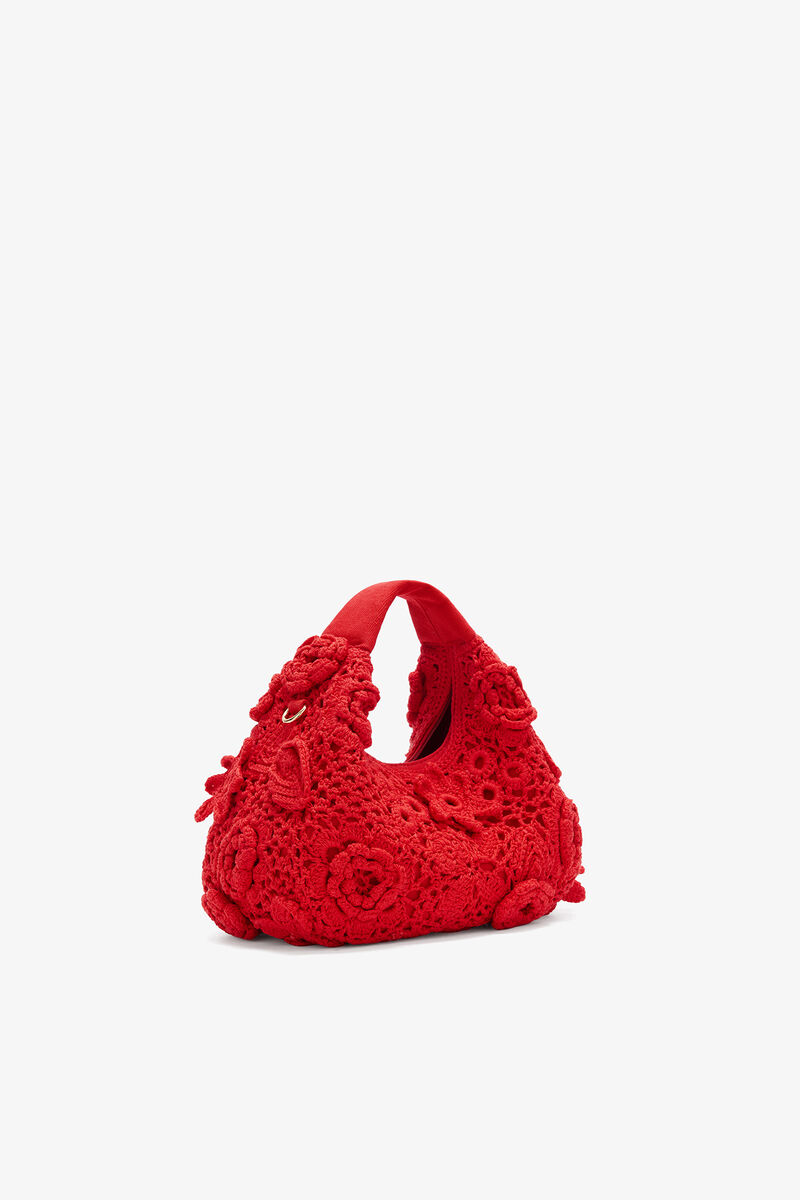 Ganni Goji Berry Mini Hobo Bag In Red Crochet