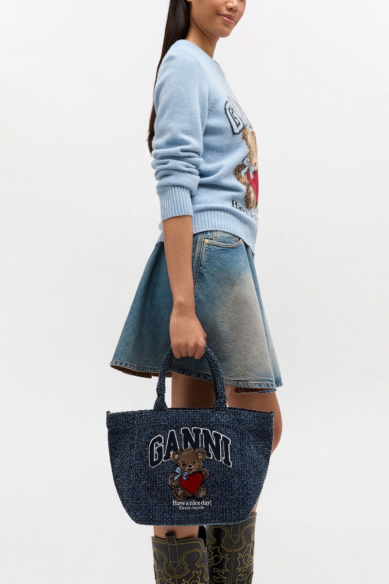 Ganni Rinse Tweed Denim Small Bear Tote
