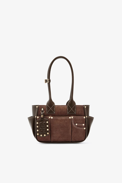 Ganni Chicory Coffee Small Posy Bag In Brown Suede