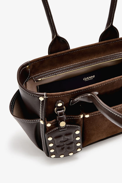 Ganni Chicory Coffee Small Posy Bag In Brown Suede