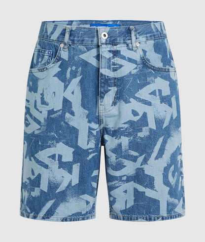 Karl Lagerfeld Relaxed Monogram Denim Shorts All Over Print Blue Denim
