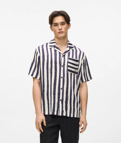 Karl Lagerfeld Ikon Short-Sleeved Striped Bowling Shirt Cannoli Cream
