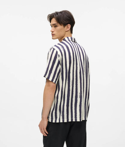Karl Lagerfeld Ikon Short-Sleeved Striped Bowling Shirt Cannoli Cream
