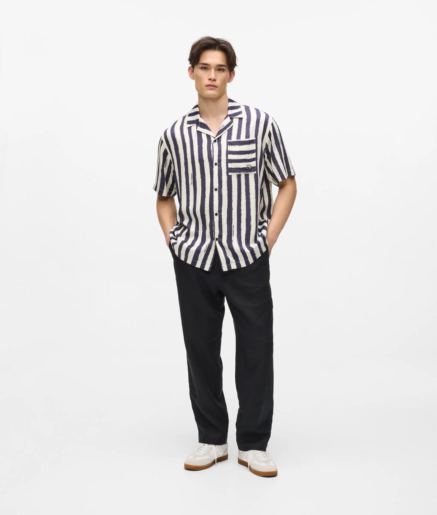 Karl Lagerfeld Ikon Short-Sleeved Striped Bowling Shirt Cannoli Cream