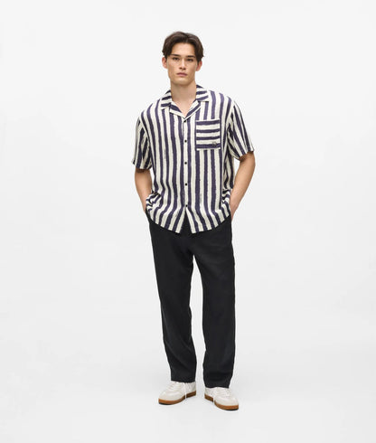 Karl Lagerfeld Ikon Short-Sleeved Striped Bowling Shirt Cannoli Cream