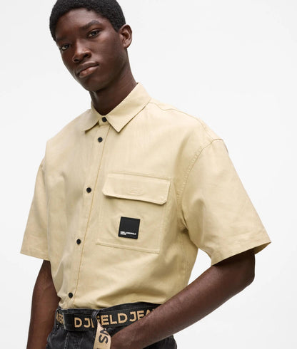 Karl Lagerfeld Short-Sleeved Linen Blend Shirt Pale Khaki