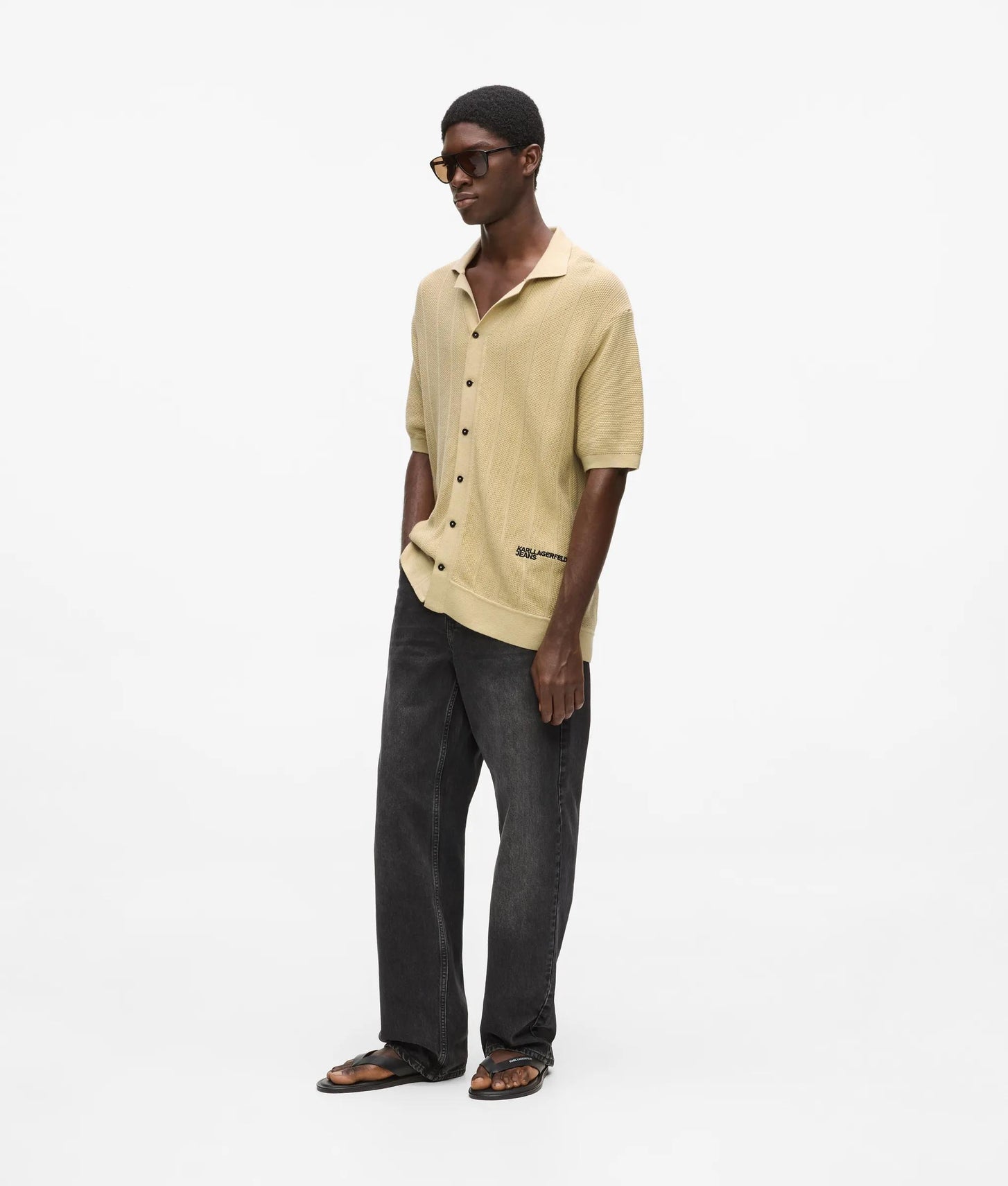 Karl Lagerfeld Short-Sleeved Knit Polo Shirt Pale Khaki
