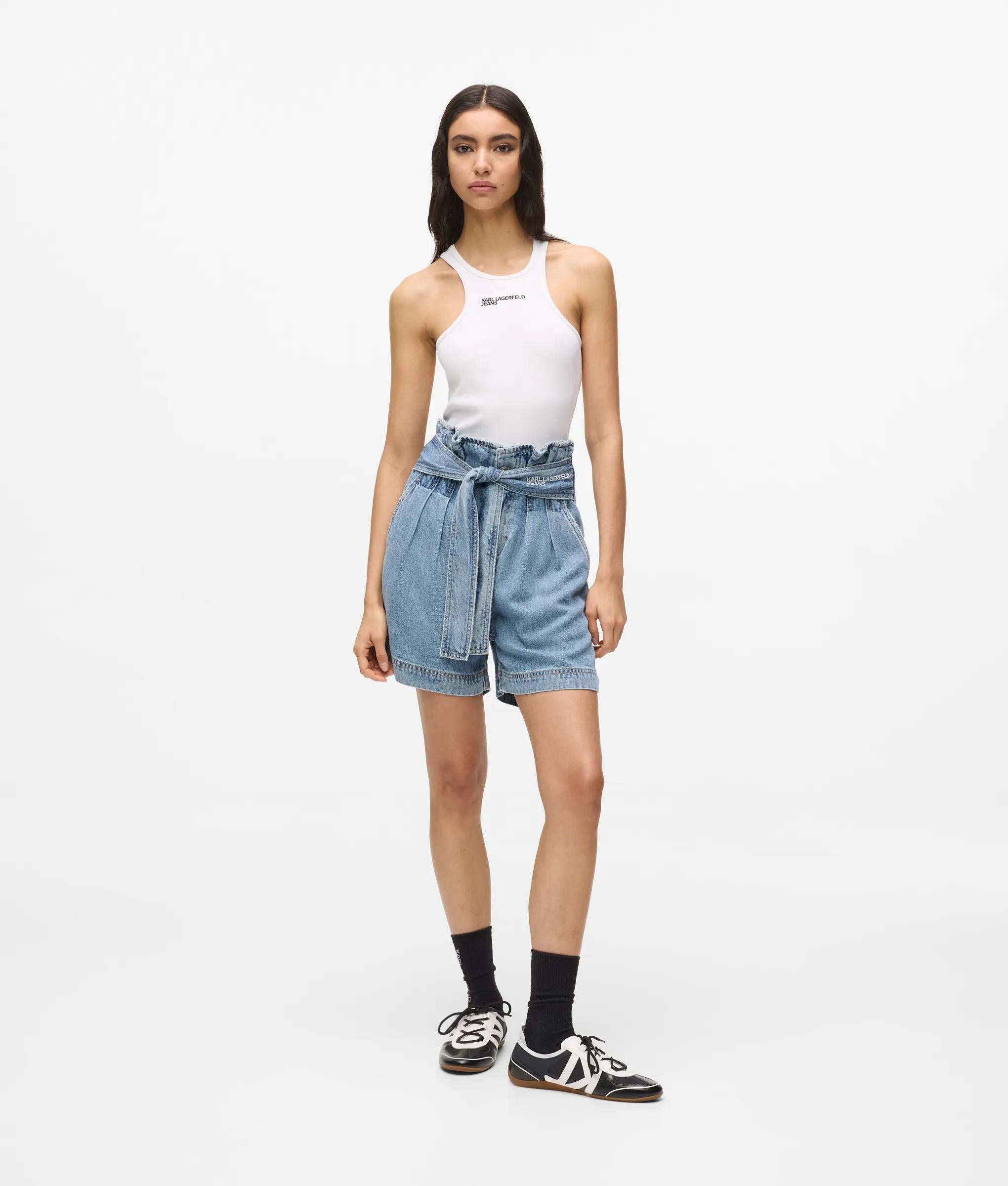 Karl Lagerfeld High-Rise Belted Denim Shorts Washed Mid Blue
