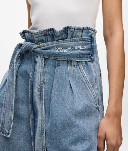 Karl Lagerfeld High-Rise Belted Denim Shorts Washed Mid Blue