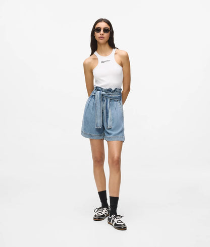 Karl Lagerfeld High-Rise Belted Denim Shorts Washed Mid Blue