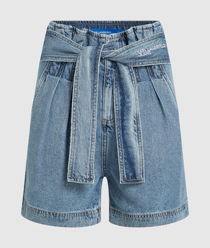 Karl Lagerfeld High-Rise Belted Denim Shorts Washed Mid Blue