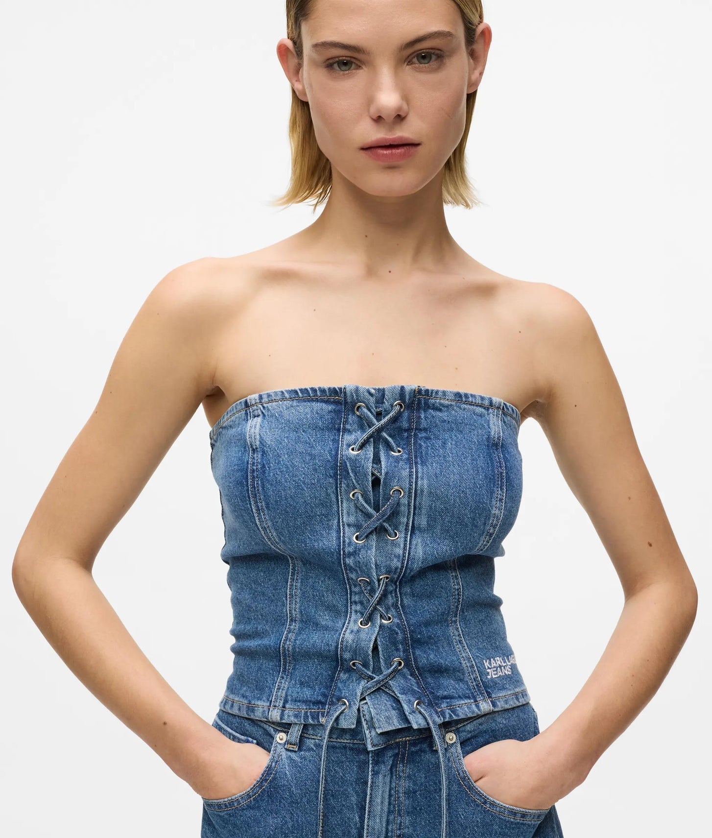 Karl Lagerfeld Lace-Up Denim Bustier Stone Blue