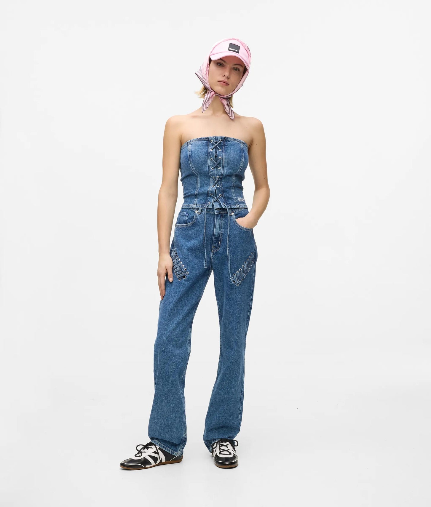 Karl Lagerfeld Lace-Up Denim Bustier Stone Blue