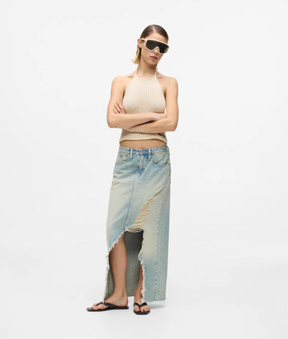 Karl Lagerfeld Distressed Denim Maxi Skirt Tinted Washed Blue