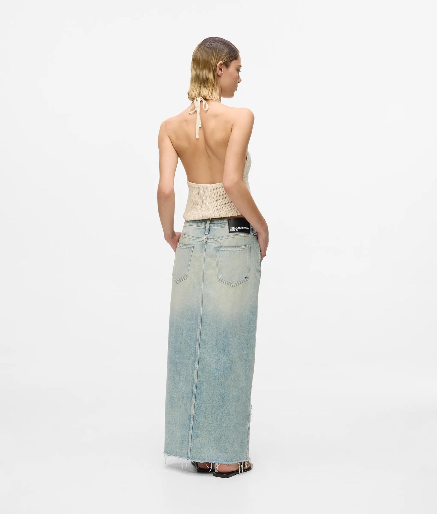 Karl Lagerfeld Distressed Denim Maxi Skirt Tinted Washed Blue