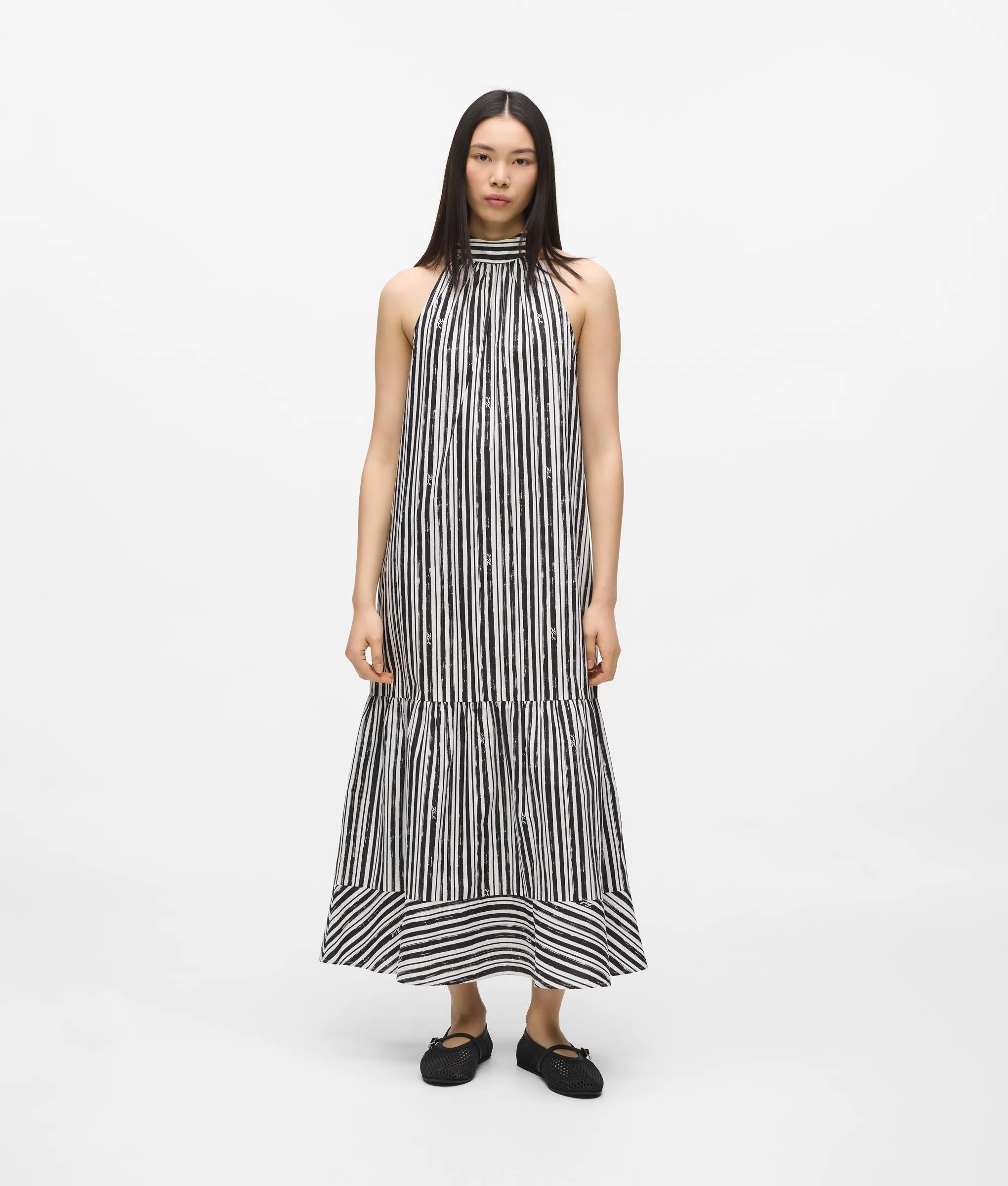 Karl Lagerfeld Striped Halterneck Maxi Dress Black Stripes