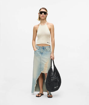 Karl Lagerfeld Distressed Denim Maxi Skirt Tinted Washed Blue