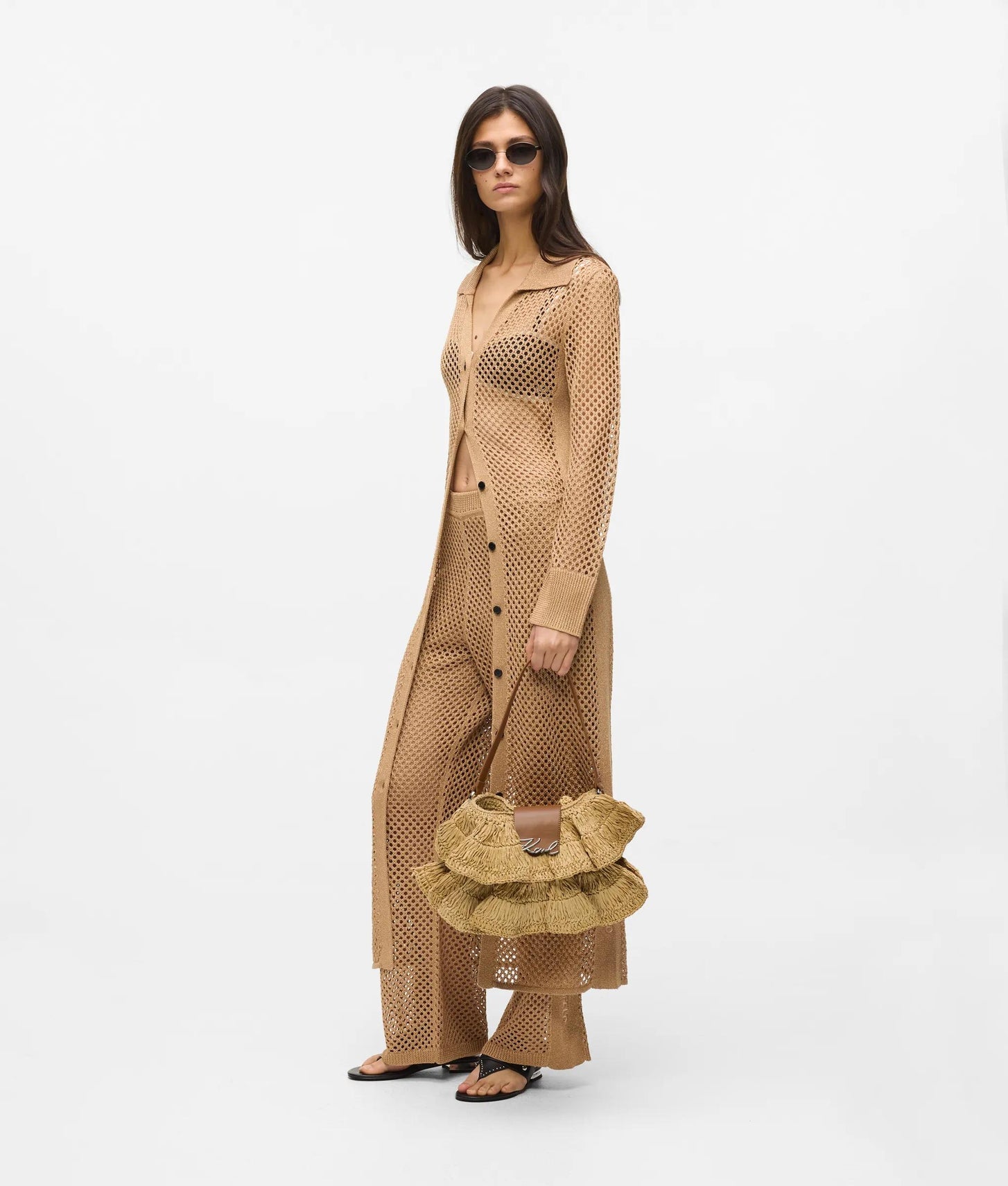 KarlLagerfeld Ksignature Ruffle Shoulder Bag Natural-Tan