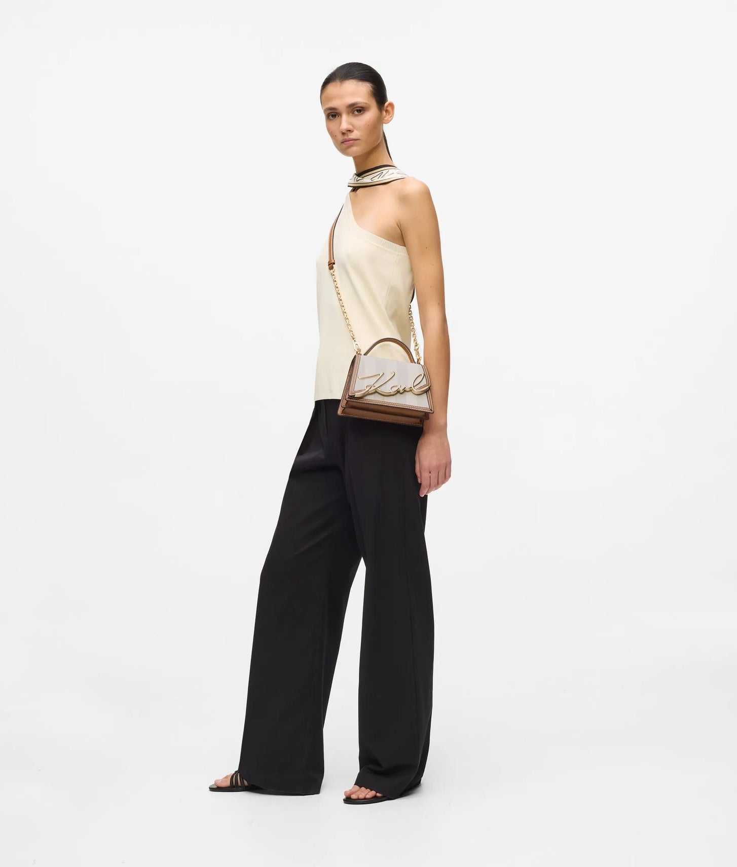 KarlLagerfeld Ksignature Striped Crossbody Bag Natural Canvas Tan