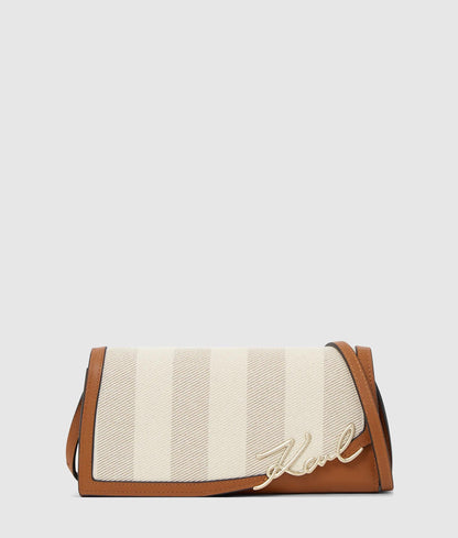 KarlLagerfeld Ksignature Striped Flap Bag Natural Canvas Tan