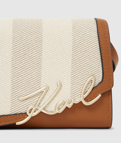 KarlLagerfeld Ksignature Striped Flap Bag Natural Canvas Tan