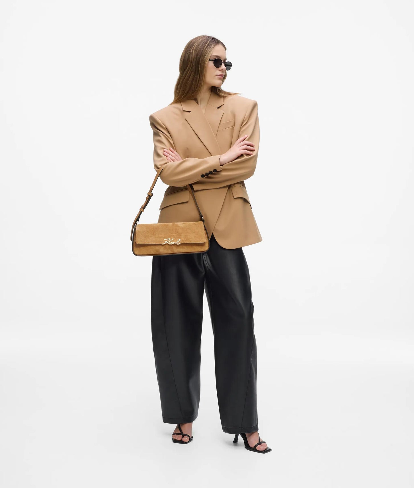 KarlLagerfeld Ksignature Suede Shoulder Bag Caramel