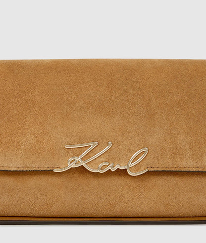 KarlLagerfeld Ksignature Suede Shoulder Bag Caramel