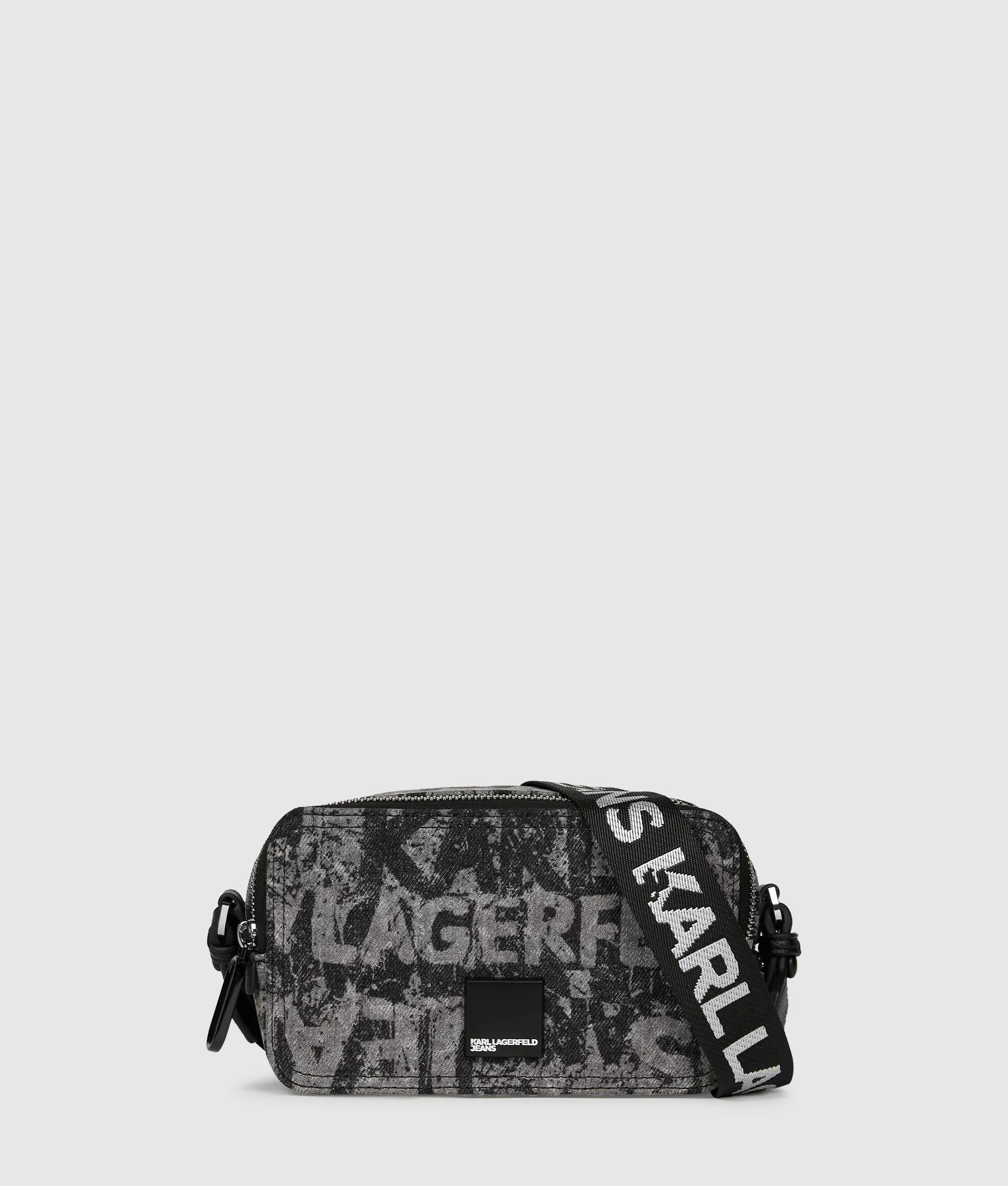 KarlLagerfeld Denim Graphic Print Camera Bag All Over Print Textured Logo Denim