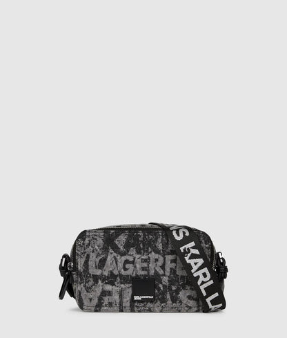 KarlLagerfeld Denim Graphic Print Camera Bag All Over Print Textured Logo Denim