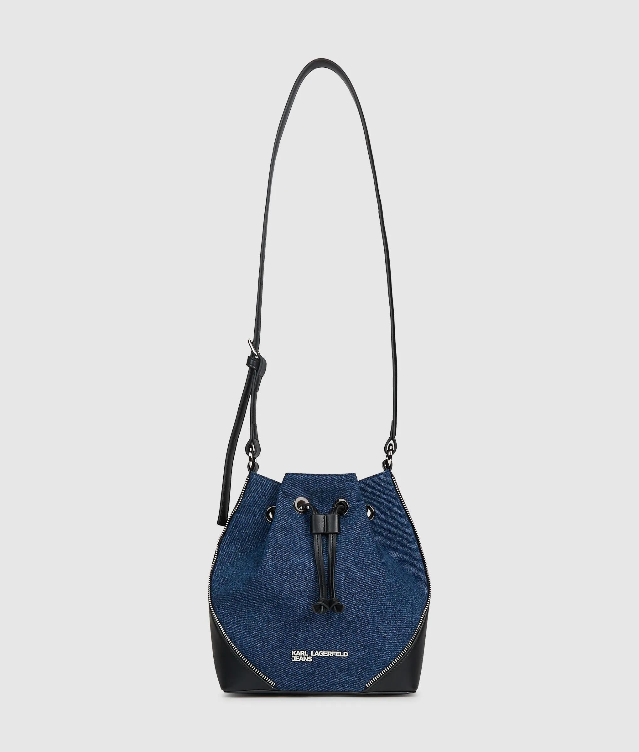 KarlLagerfeld Rebel Denim And Faux-Leather Bucket Bag Washed Dark Blue-Black