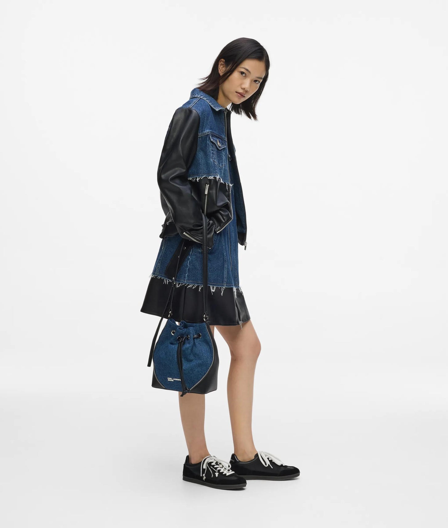 KarlLagerfeld Rebel Denim And Faux-Leather Bucket Bag Washed Dark Blue-Black