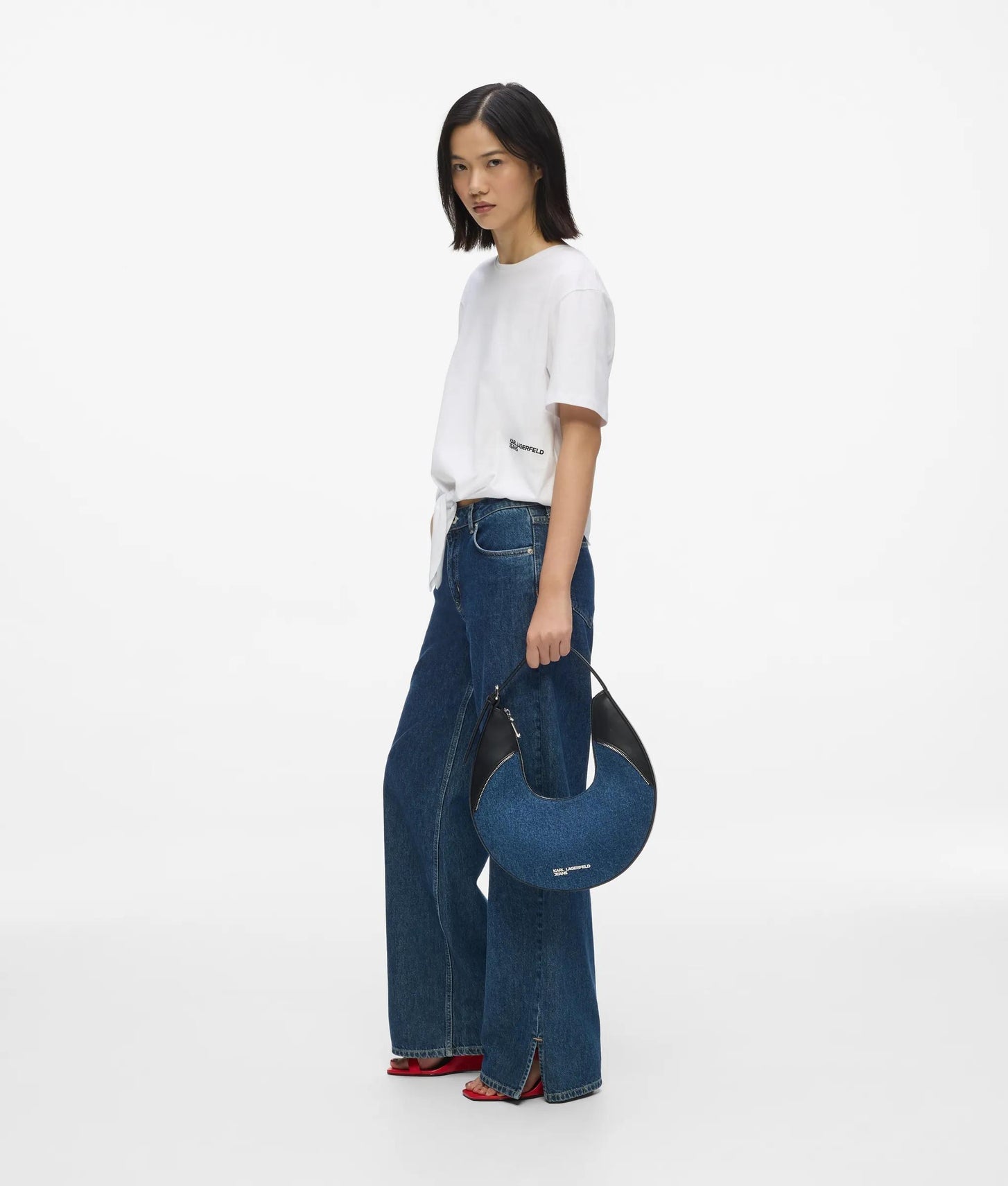 KarlLagerfeld Rebel Denim And Faux-Leather Hobo Bag Washed Dark Blue-Black