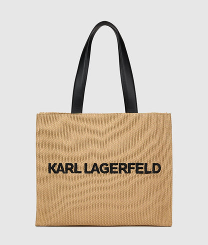 KarlLagerfeld Logo Large Square Woven Beach Bag Natural