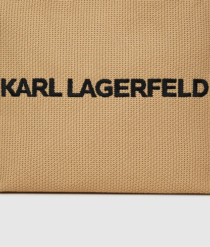 KarlLagerfeld Logo Large Square Woven Beach Bag Natural