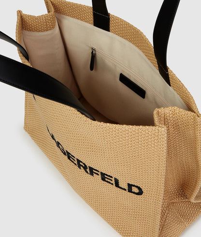 KarlLagerfeld Logo Large Square Woven Beach Bag Natural