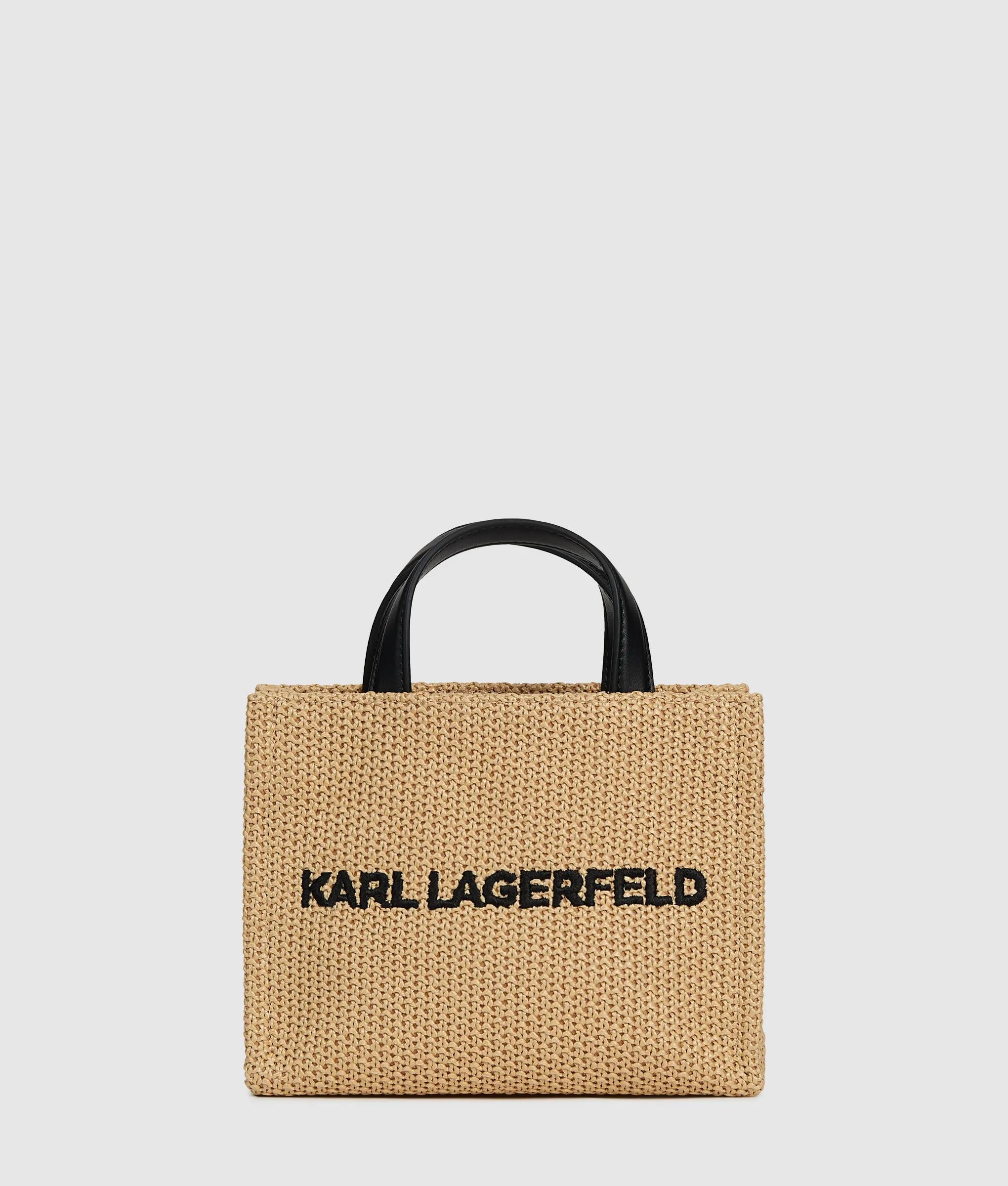 KarlLagerfeld Logo Small Square Woven Beach Bag Natural