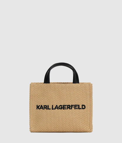 KarlLagerfeld Logo Small Square Woven Beach Bag Natural