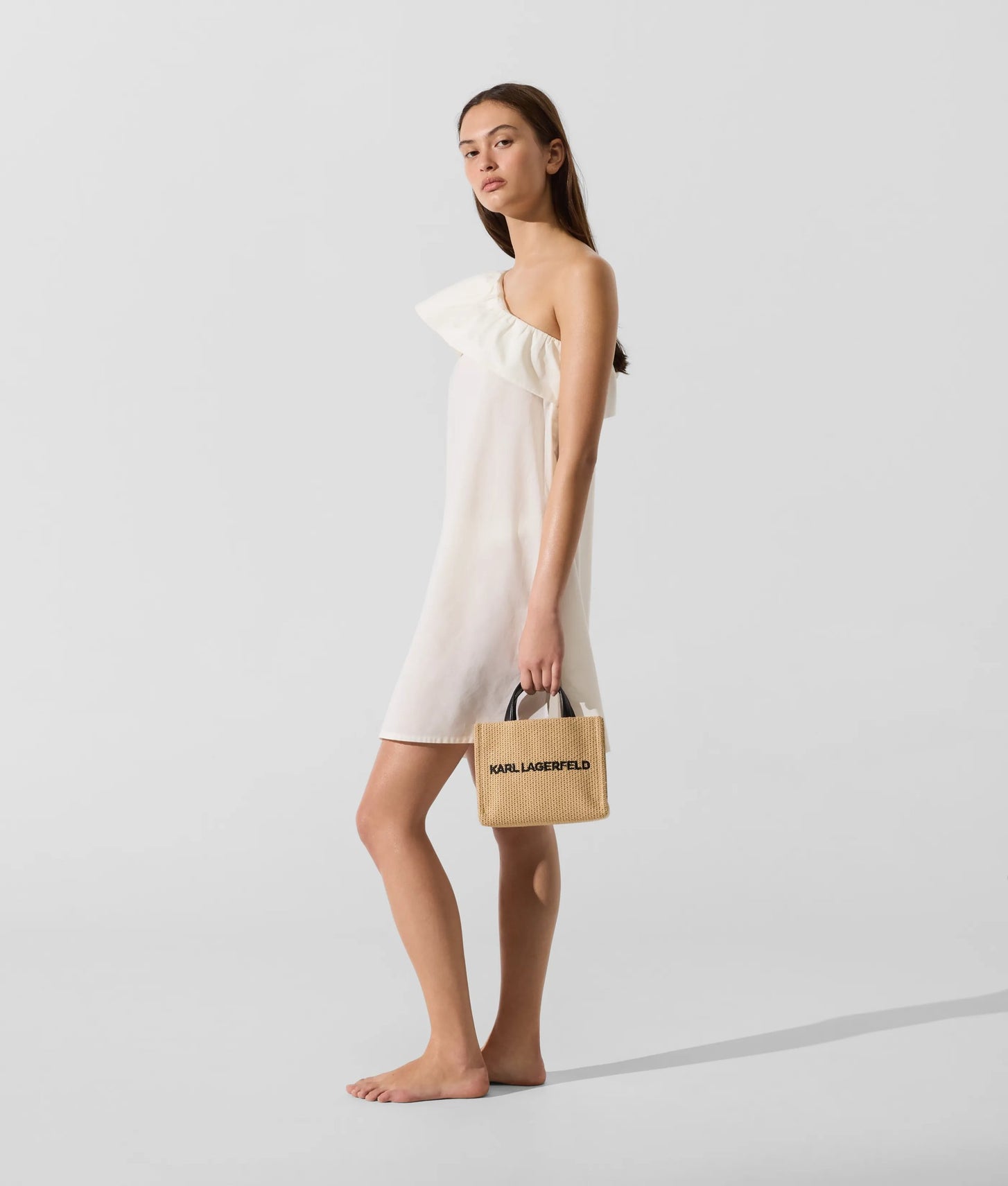KarlLagerfeld Logo Small Square Woven Beach Bag Natural